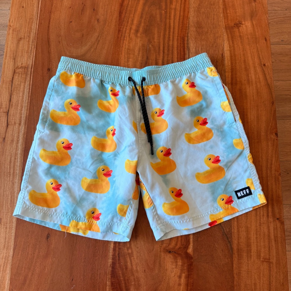 Neff Men's Blue/Yellow Rubber Ducky Swim Trunks Size L